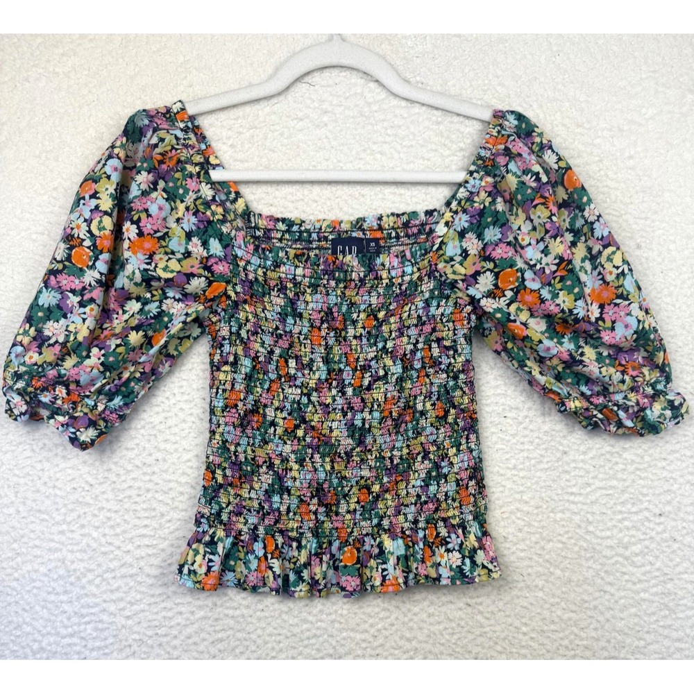Gap Blouse Womens XS Floral Smocked Puff Sleeve Ruffle Cottagecore Boho Revival‎